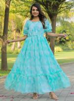 Georgette Turquoise Blue Party Wear Printed Western Dress